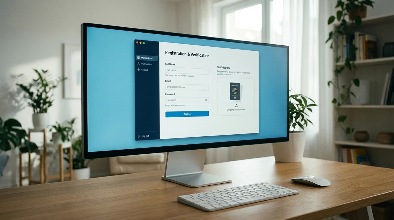 Ekran komputera z panelem rejestracji i weryfikacji konta