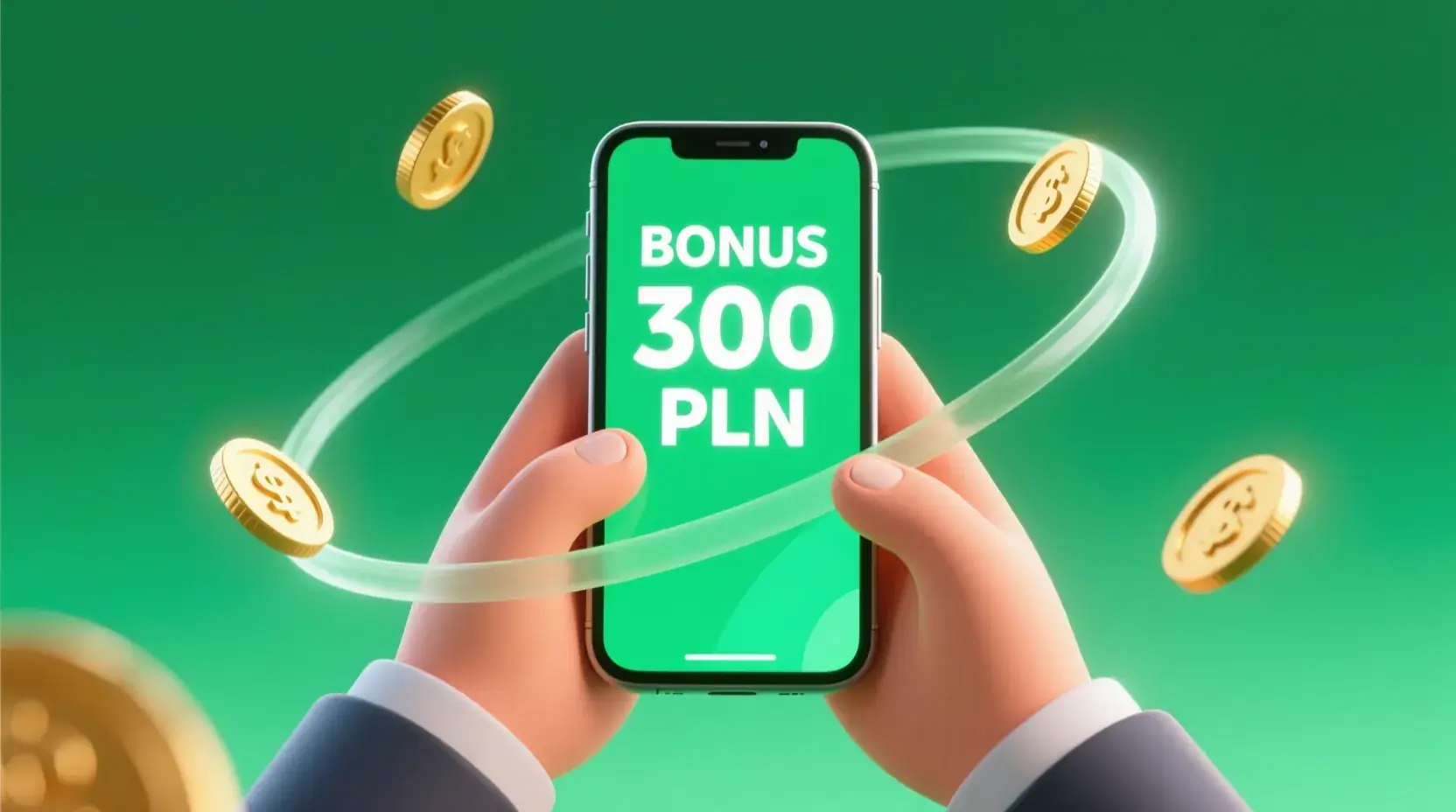 Przewodnik jak odebrać bonus bukmacherski - telefon z aplikacją pokazującą bonus 300 PLN