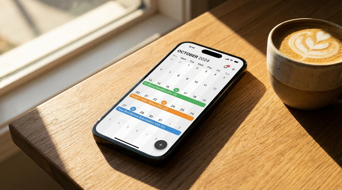 Smartfon z aplikacją kalendarza pokazującą przypomnienia o bonusach