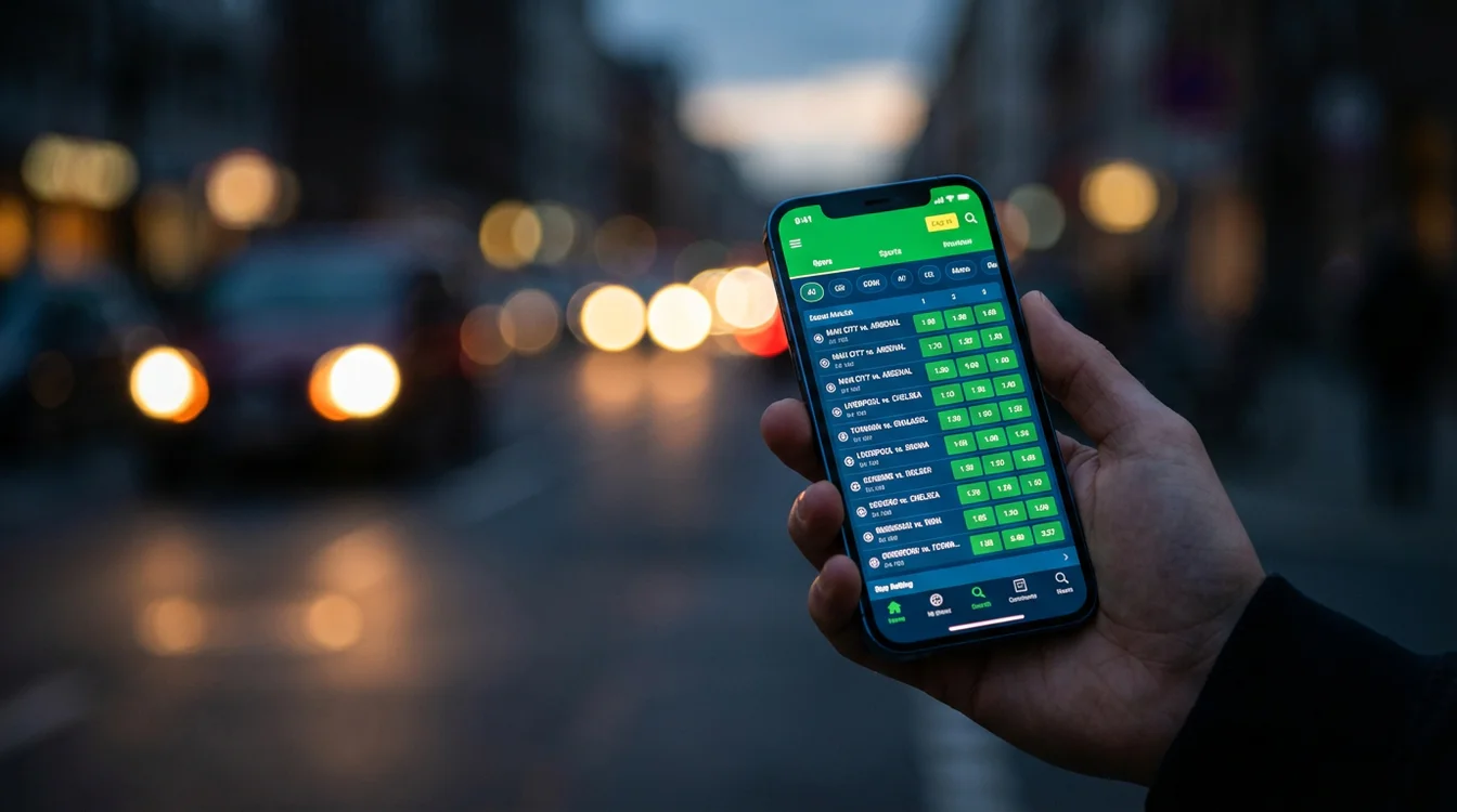 Smartfon z otwartą aplikacją bukmacherską pokazującą listę zakładów sportowych