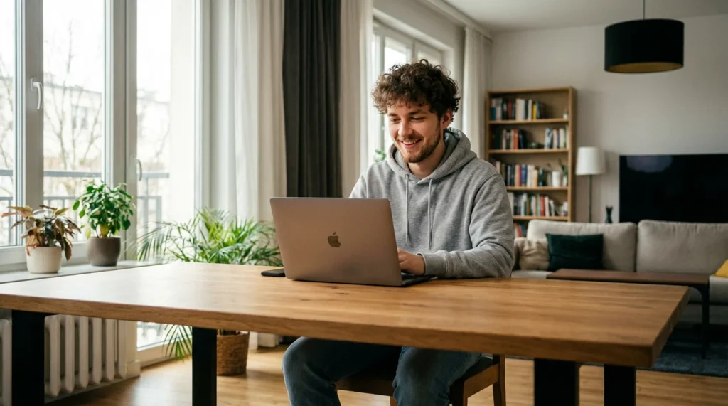 Gracz analizujący ofertę promocyjną bukmachera na laptopie