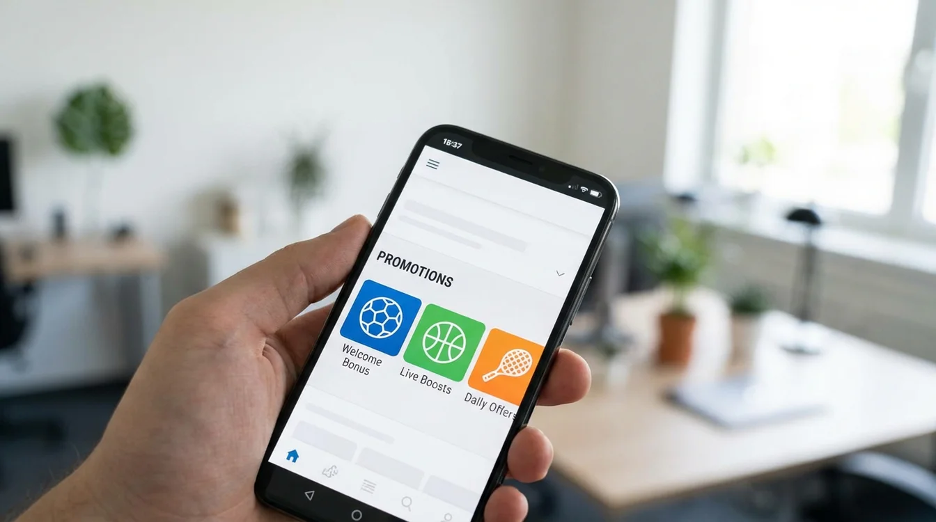 Smartfon z aplikacją bukmacherską pokazującą różne rodzaje promocji