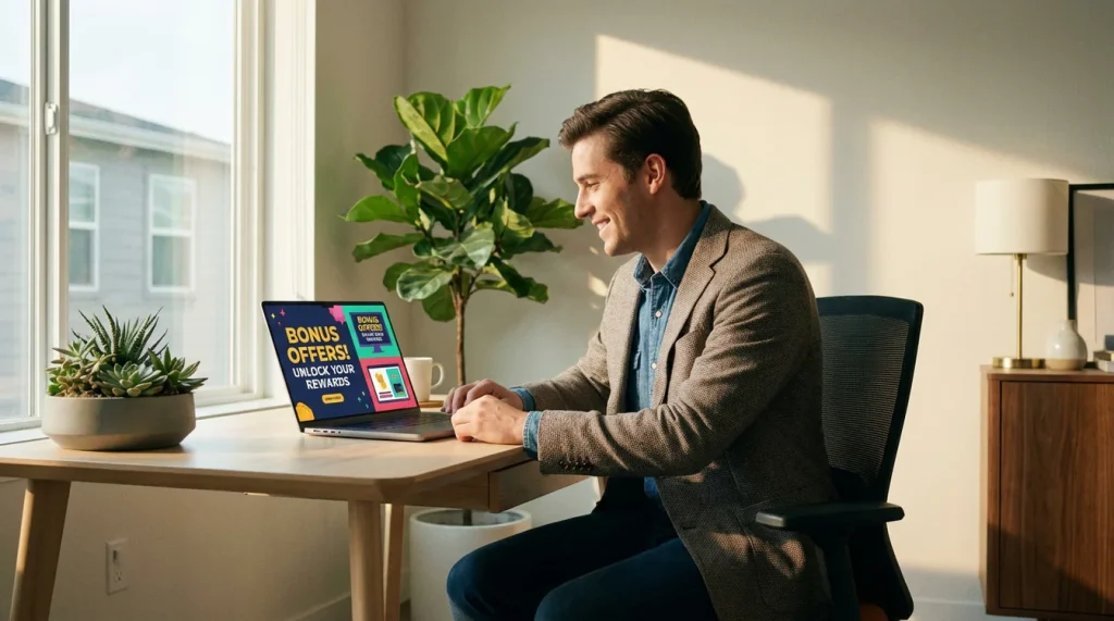 Gracz analizujący ofertę bonusową bukmachera na nowoczesnym laptopie