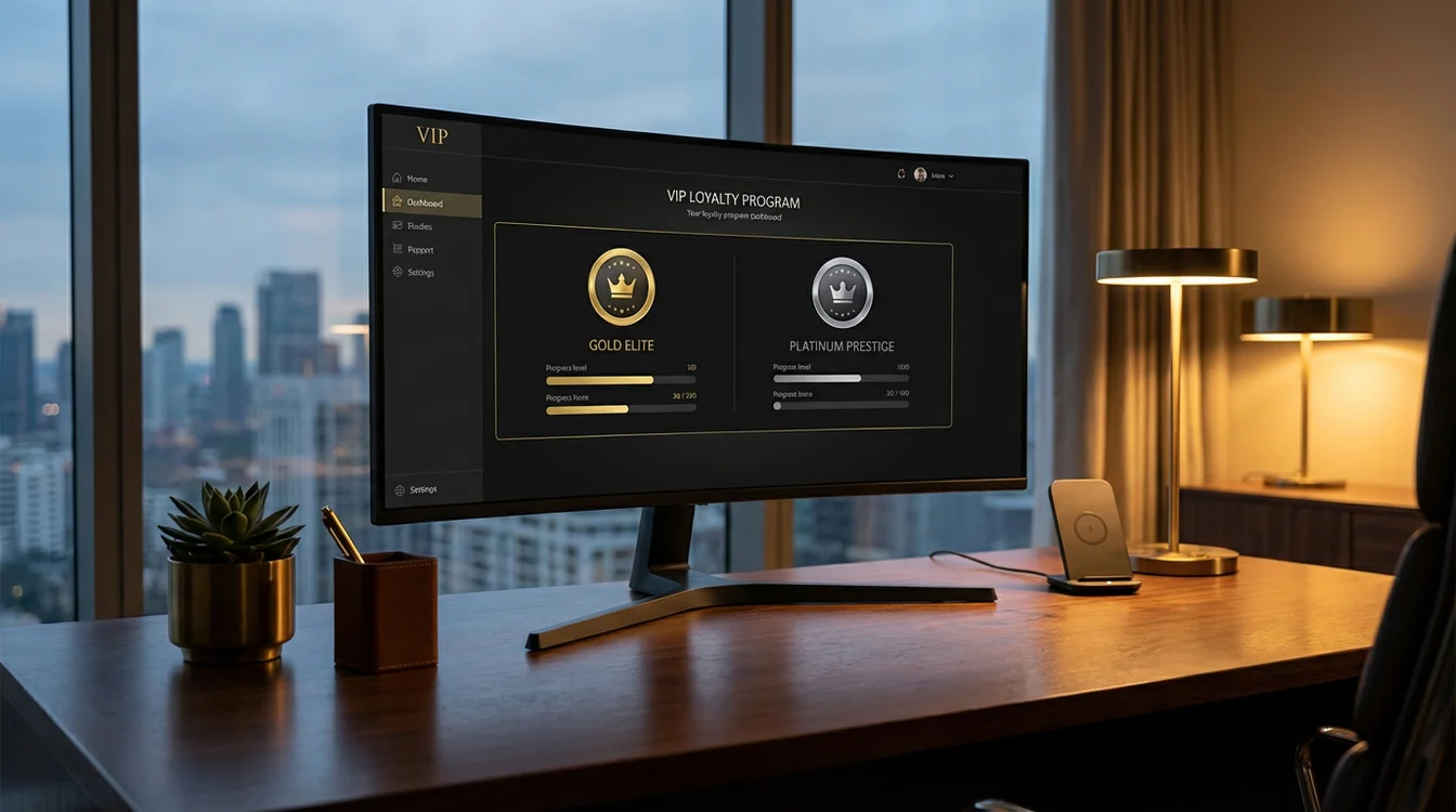 Eleganckie biuro z monitorem pokazującym poziomy programu lojalnościowego