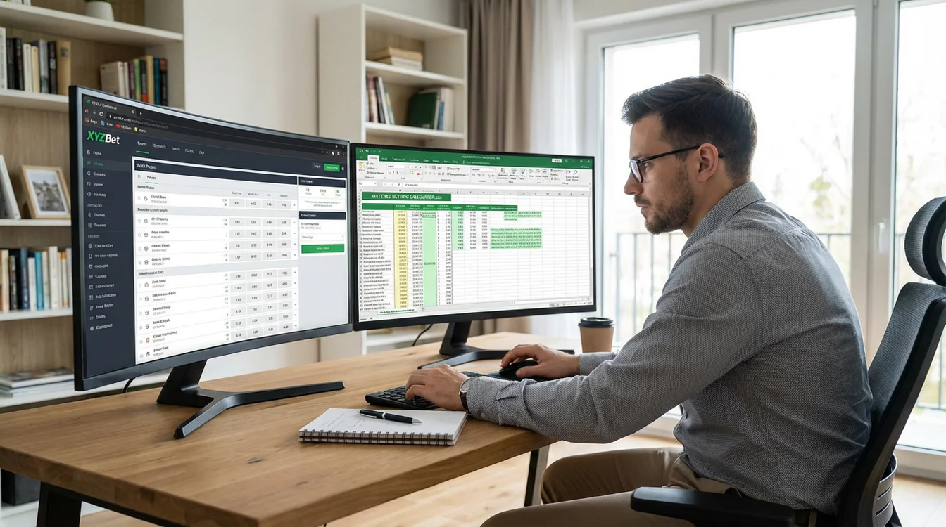 Osoba analizująca strategię matched betting na dwóch monitorach