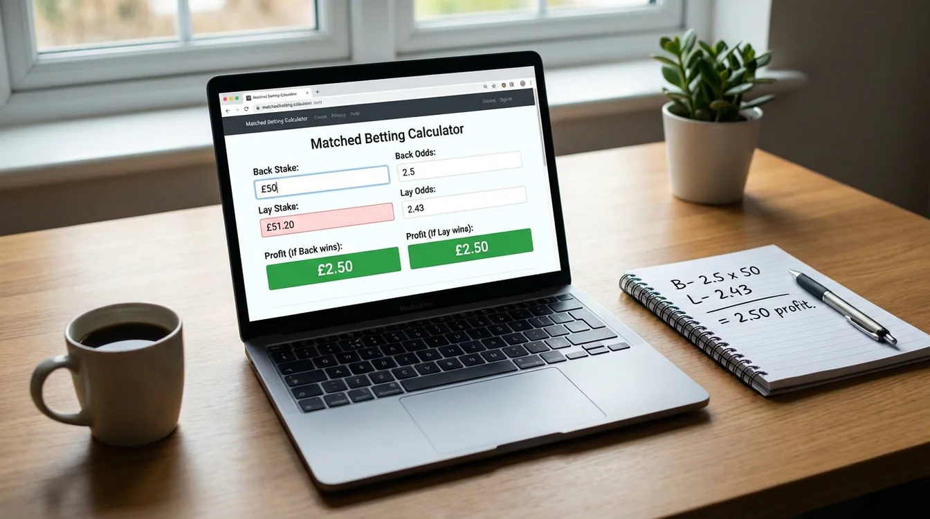 Kalkulator matched betting na ekranie laptopa z obliczeniami stawek