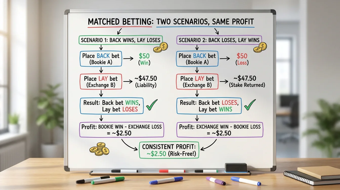 Diagram pokazujący dwa scenariusze matched betting z zyskiem w obu przypadkach