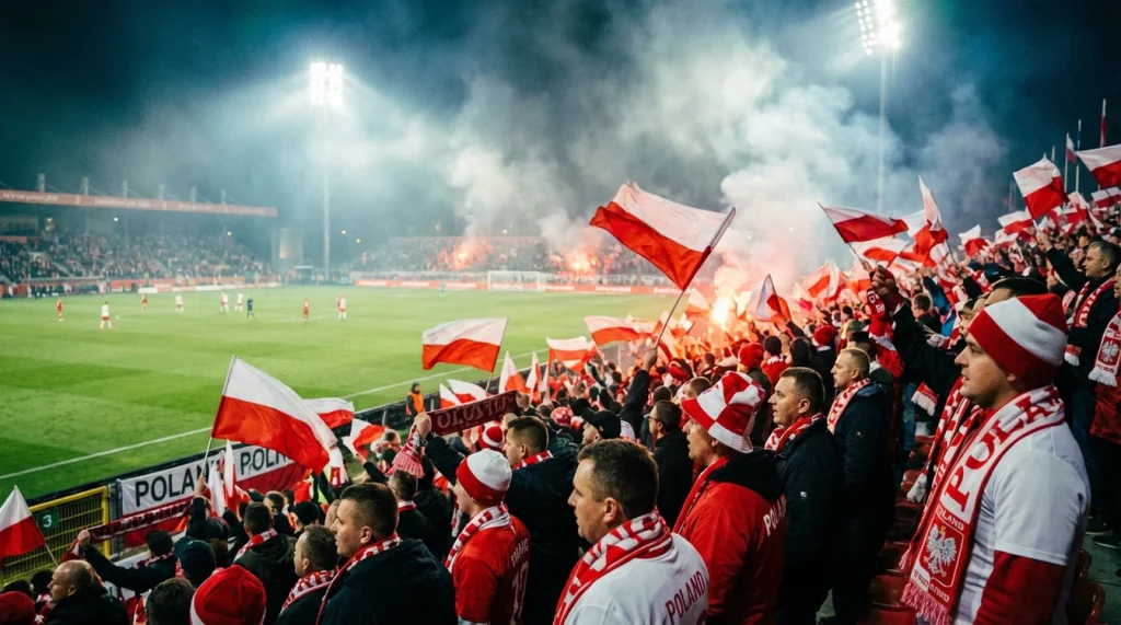 Kibice oglądający mecz piłki nożnej na stadionie z flagami Polski
