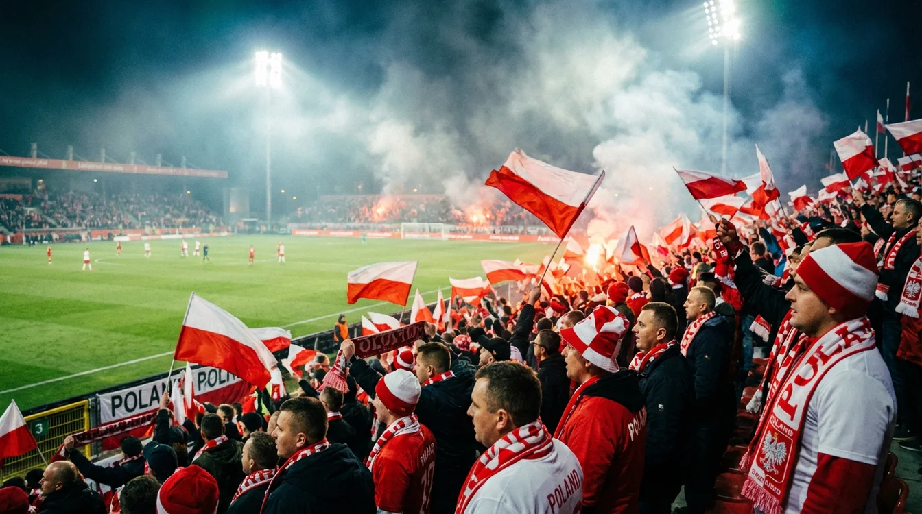 Kibice oglądający mecz piłki nożnej na stadionie z flagami Polski