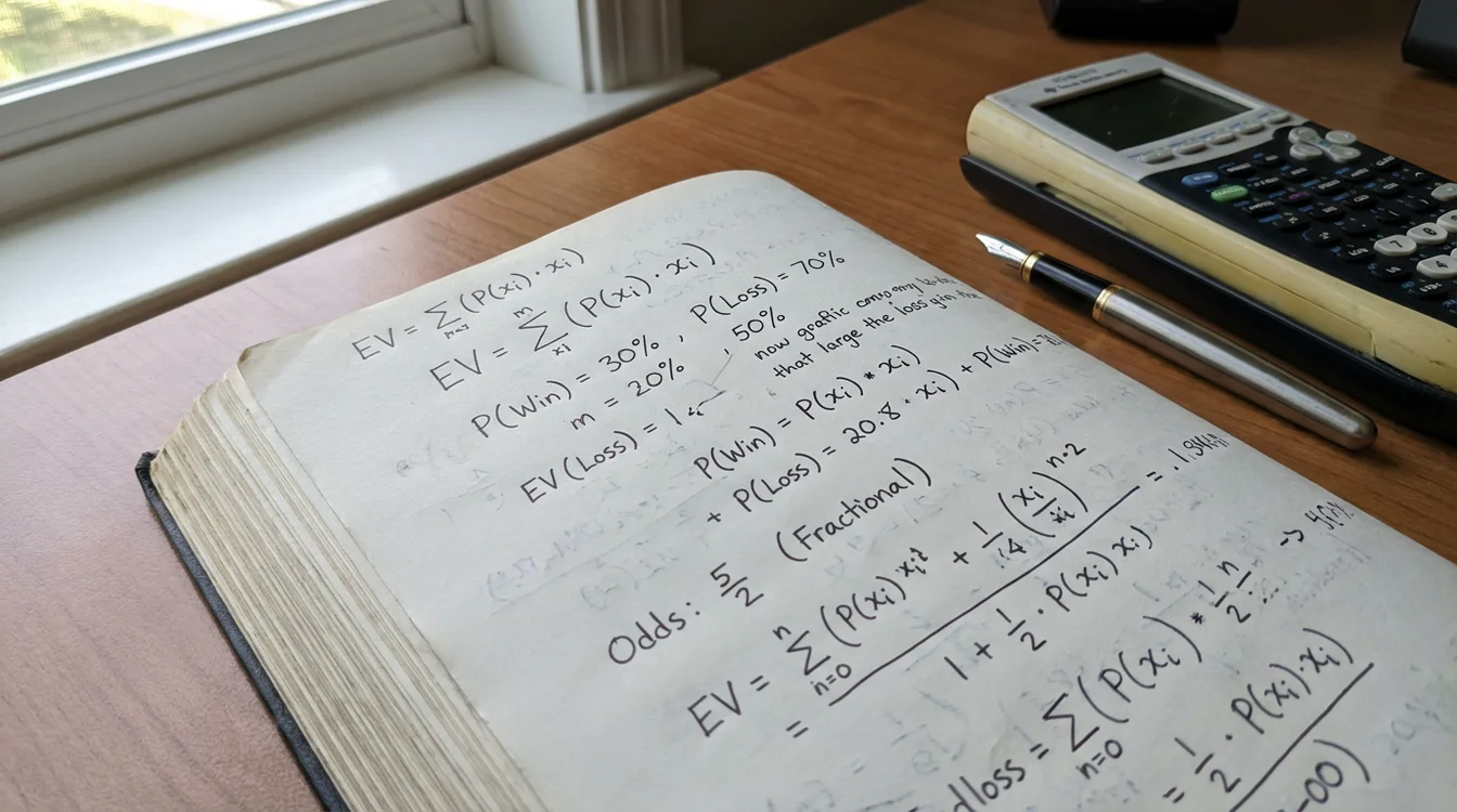 Notatnik z obliczeniami expected value i prawdopodobieństw