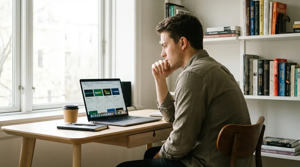 Osoba porównująca oferty różnych bukmacherów na laptopie